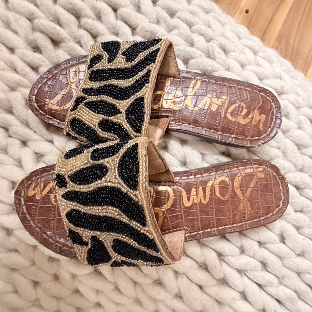 Sam Edelman- Girls Beaded Animal Print Slide Sandals - Black & Gold